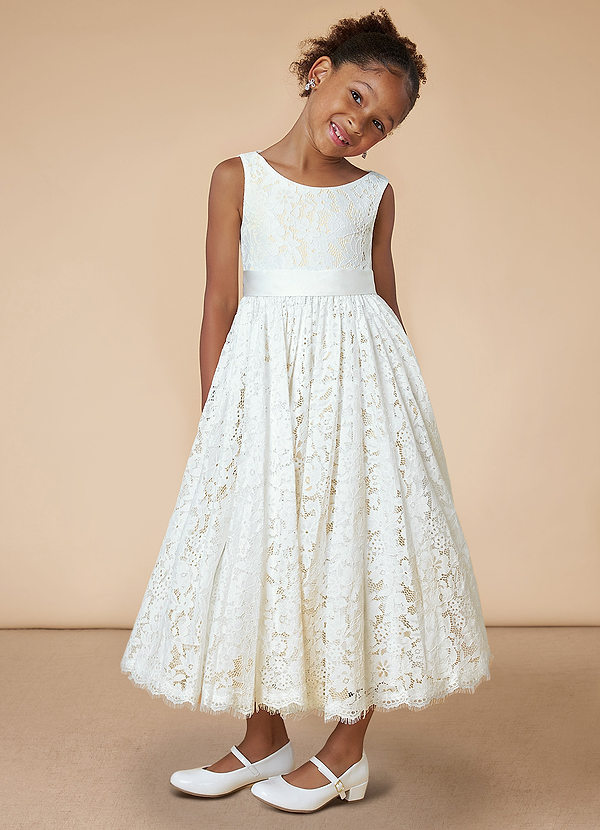 Azazie Mollie Flower Girl Dresses Diamond White Champagne A-Line Lace Dress image1