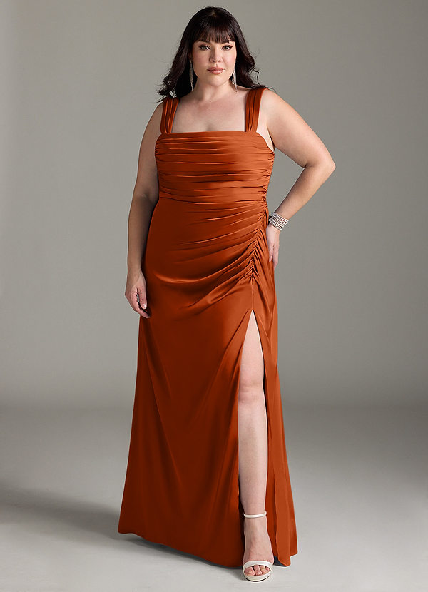 Azazie Jesaphine Vestidos Dama de Honor Vestido de Naranja Quemada de Satén Elástico de Corte Recto con Lazo image1