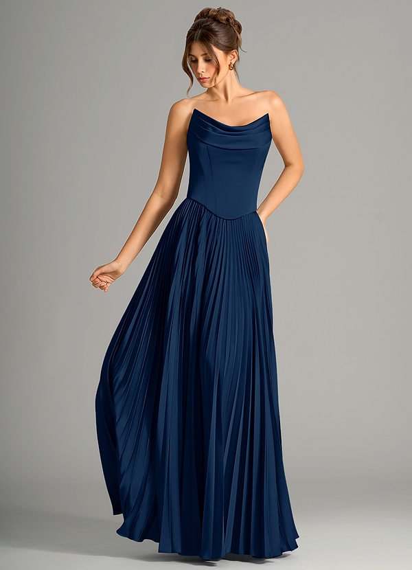 Azazie Saedra Bridesmaid Dresses Dark Navy A-Line Corset Stretch Satin Dress image1
