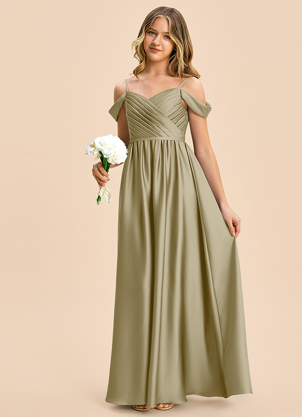 Azazie Rayne Junior Vestido Musgo Verde de Satén Elástico de Corte en A con Escote corazón image1