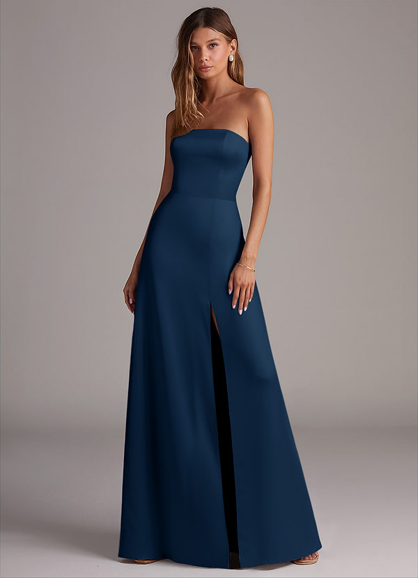 Azazie Wren Robes Demoiselle d'honneur Robe Trapèze Convertible en Satin extensible Sans bretelle Bleu Marine Foncé image1
