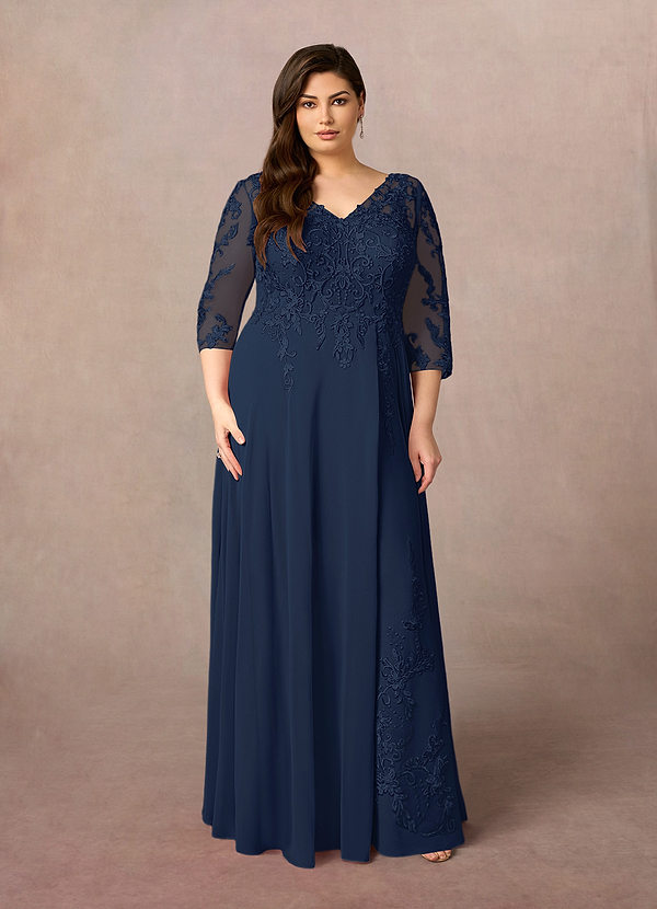 Azazie Noella Mother of the Brides Dresses Dark Navy A-Line V-Neck Lace Chiffon Dress image1