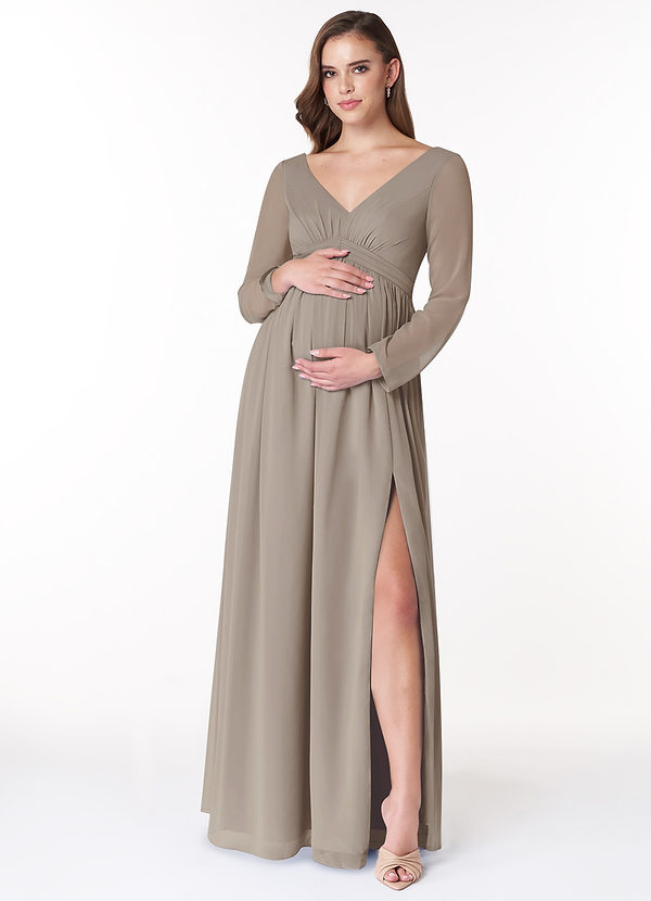 Azazie Teton Maternity Bridesmaid Dresses A-Line Long Sleeve Chiffon Floor-Length Dress image1