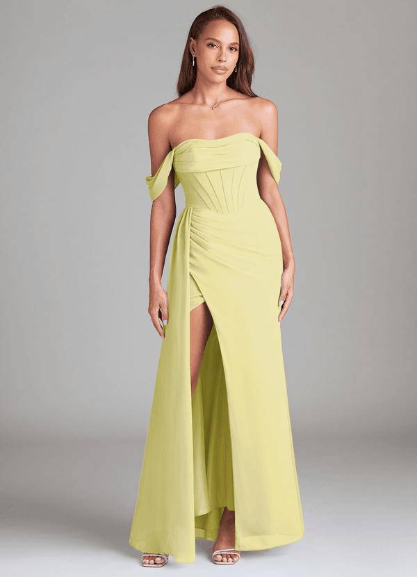Azazie Amyra Bridesmaid Dresses Lemon Sorbet Sheath Off the Shoulder Chiffon Convertible Dress image1