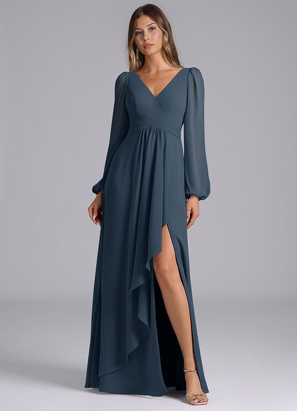 Azazie Omari Bridesmaid Dresses Neptune A-Line Long Sleeve Chiffon Dress image1