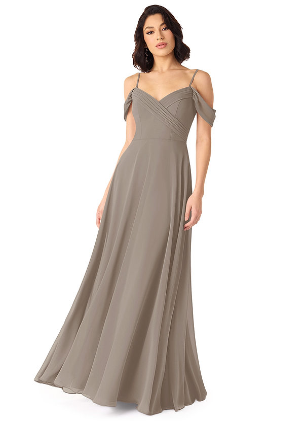 Azazie Tancie Bridesmaid Dresses Taupe A-Line Off the Shoulder Chiffon Convertible Dress image1
