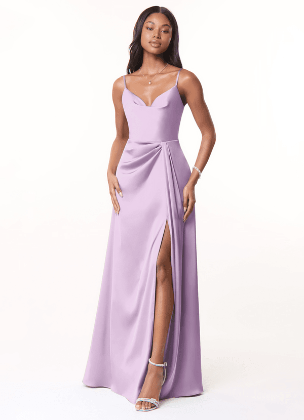 Azazie Brielle Robes Demoiselle d'honneur Robe Trapèze en Satin extensible Bretelles spaghetti Frostiges Flieder image1
