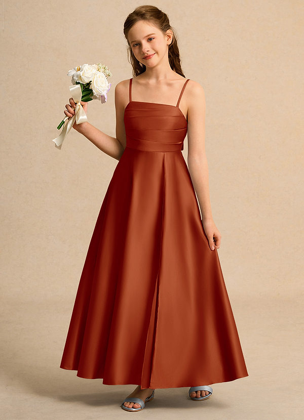 Azazie Pebbles Junior Formal Bloemenmeisjes Jurken A-Lijn Jurk van Mat Satijn Geplooid Paprika image1