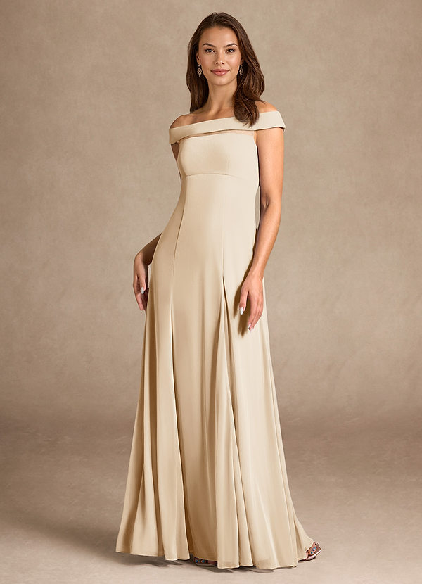 Azazie Ewa Mother of the Brides Dresses Champagne A-Line Off the Shoulder Mesh Dress image1
