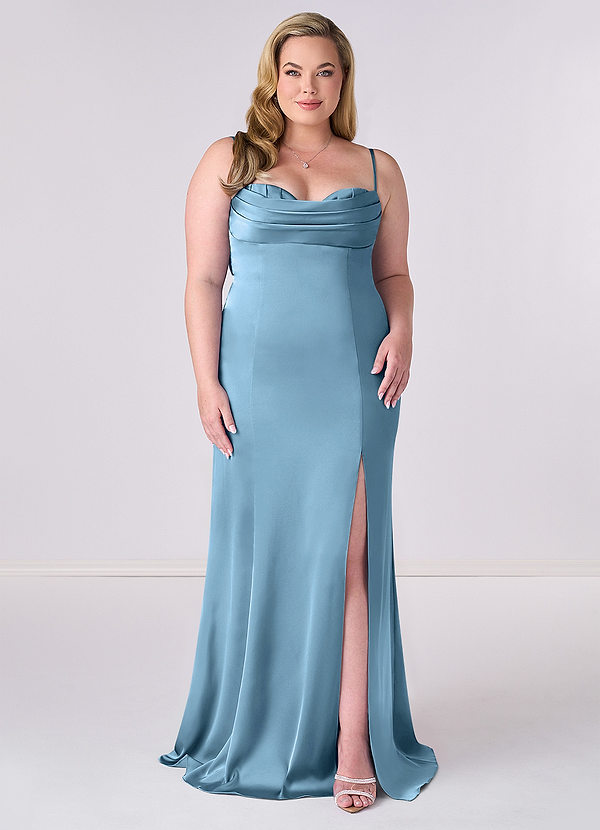 Barbie ♥ Azazie Abiti da Damigella Abito Sirena in Raso Elasticizzato Corsetto Blu Acciaio image1