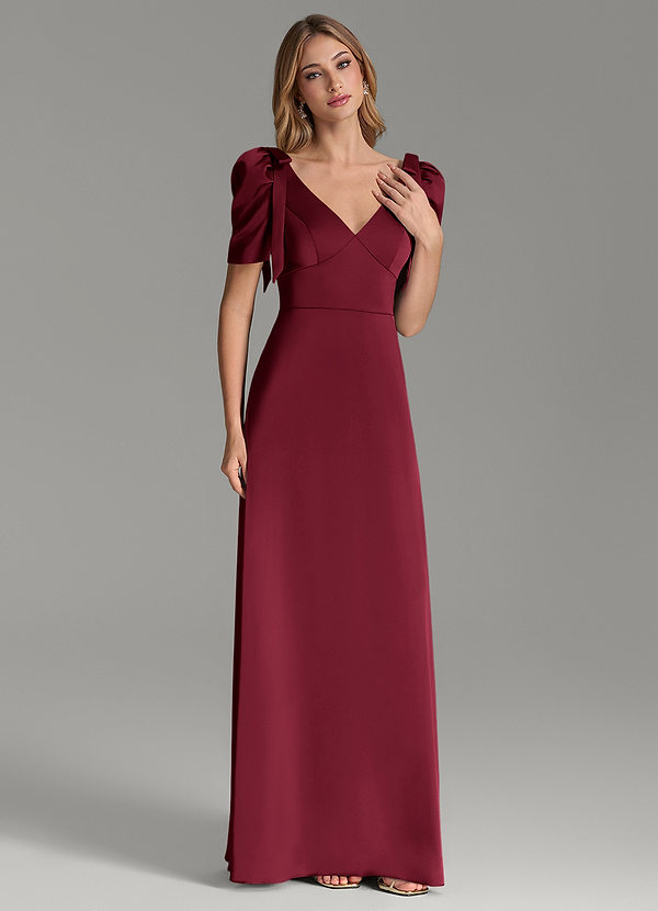 Azazie Asher Bridesmaid Dresses Burgundy A-Line with Pockets Stretch Satin Dress image1