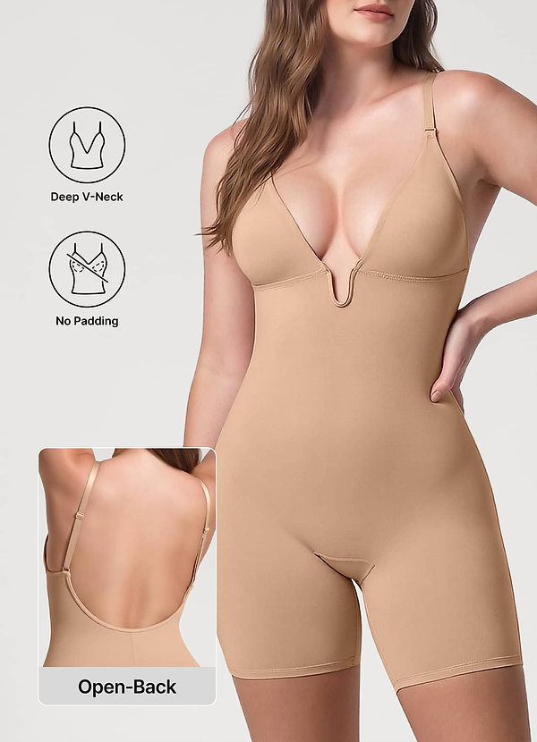 front Dyb V-hals bodystocking med lav ryg og shapewear