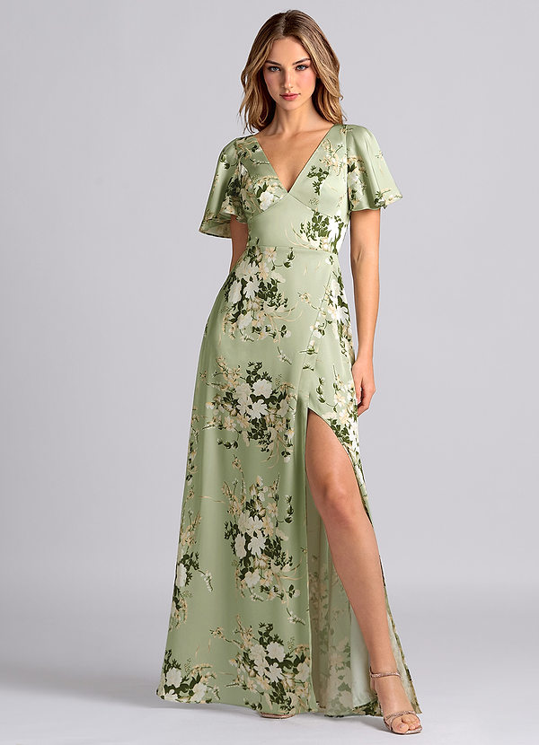 Azazie Lani Bridesmaid Dresses Floral Vines A-Line Flounce Sleeve Stretch Satin Dress image1
