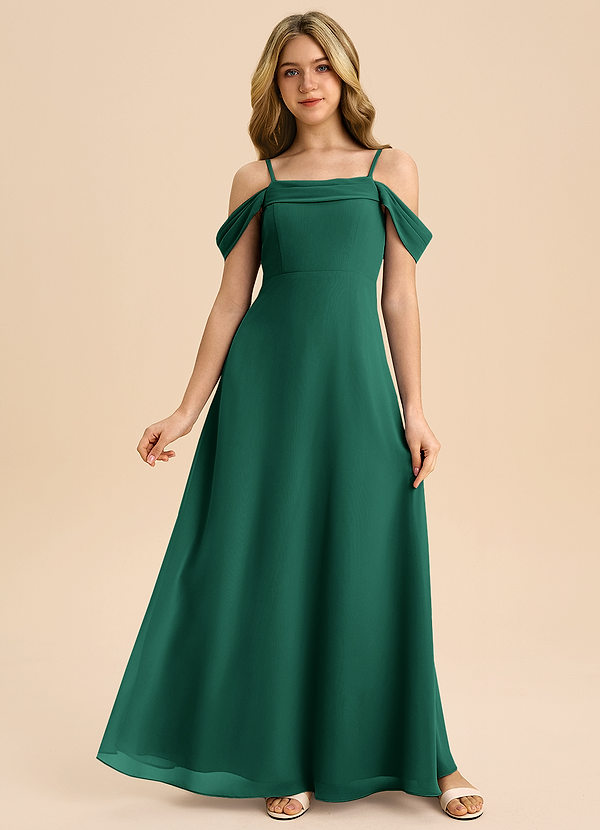 Azazie Anselie Junior Vestido de Esmeralda de Gasa de Corte en A con Vestidos sin tirantes image1
