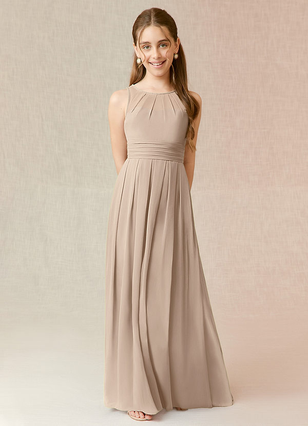 Azazie Bibiane Junior Taupe A-Line Pleated Chiffon Dress image1