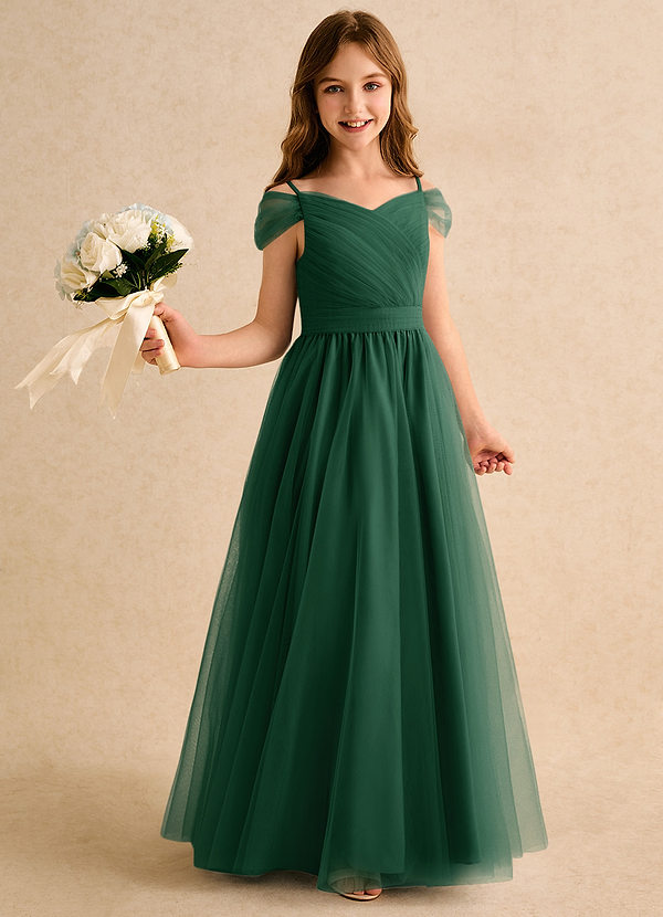 Azazie Yuna Girls Formal Abiti da Ragazza di Fiori Abito A-Line in Tulle a Spalla Scoperta Verde Scuro image1