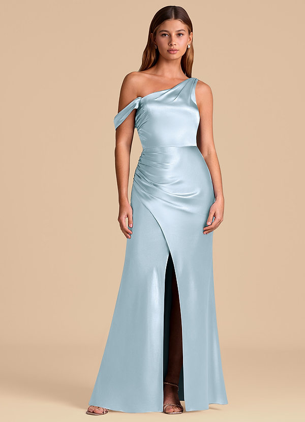 Azazie Madelyn Suknie dla druhen Syrena Zza ramienia Metaliczny satynowy Do ziemi Sukienka image1