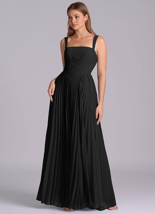 Azazie Mina Bruidsmeisjes Jurken Jurk van Chiffon met A-Lijn Geplooid Zwart image1