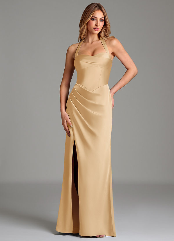 Azazie Serenity Robes de demoiselle d'honneur Robe Sirène en Satin extensible Décolleté en cœur Or image1
