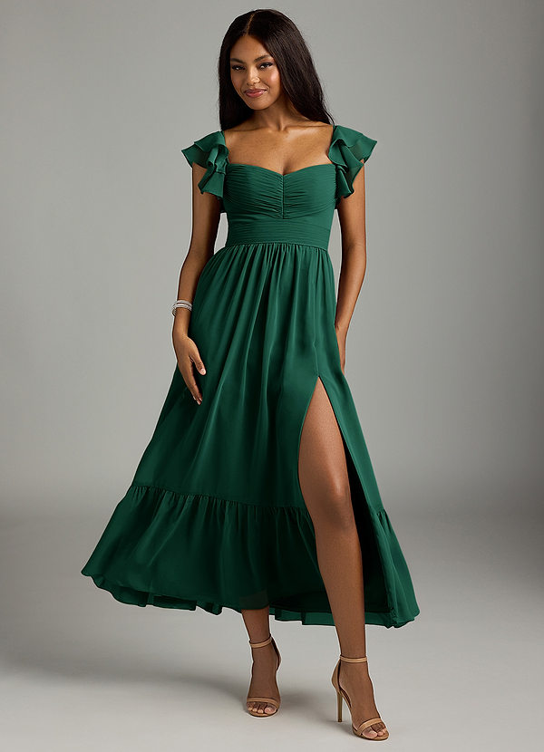 Azazie Anaya Bridesmaid Dresses Emerald A-Line Pleated Chiffon Dress image1