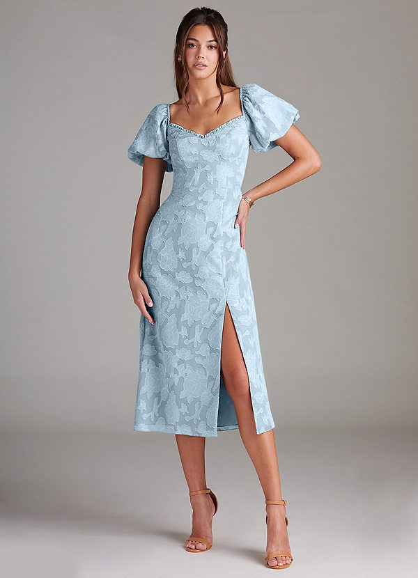 Azazie Evalina Bridesmaid Dresses Sky Blue Sheath Floral Burnout Dress image1