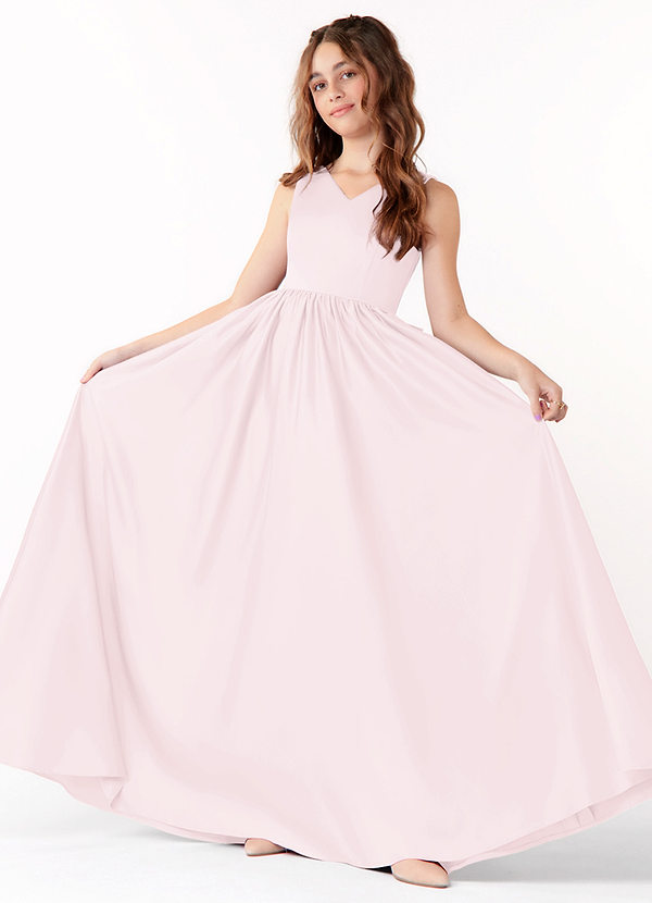 Azazie Hathaway Junior Blushing Pink A-Line Bow Matte Satin Dress image1