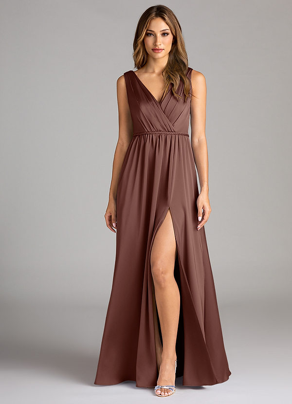 Azazie Tanicia Bridesmaid Dresses Espresso A-Line Pleated Stretch Satin Dress image1