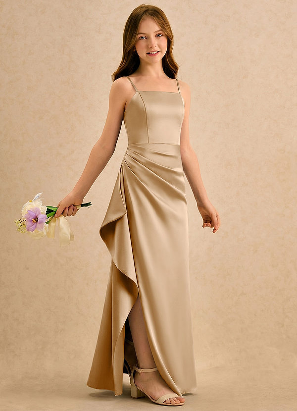 Azazie Cannoli Girls Formal Sukienki dla dziewczynek sypiących kwiaty Linia A Pofałdowany Satyna elastyczna Długość podłogi Sukienka image1