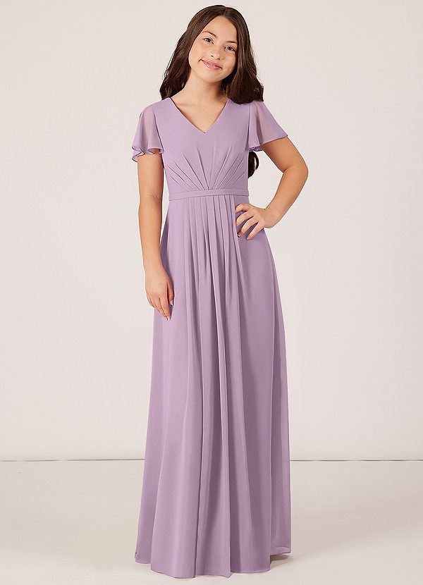 Azazie Peony Junior Robe Trapèze en Mousseline de soie Plissée Glycine image1