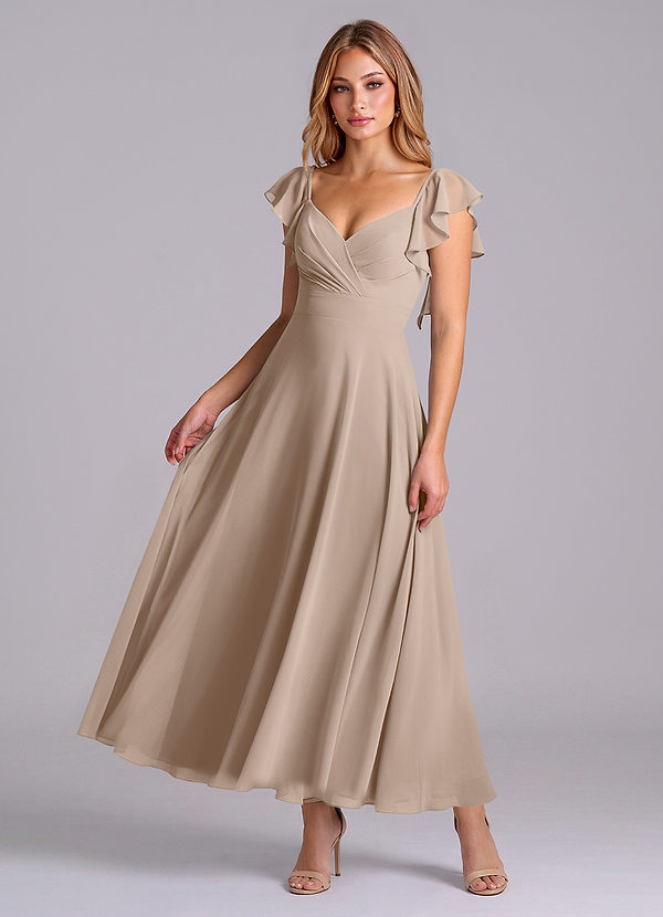 Azazie Leilani Brautjungfernkleider A-Linie Gestreift Chiffon Kleid Taupe image1
