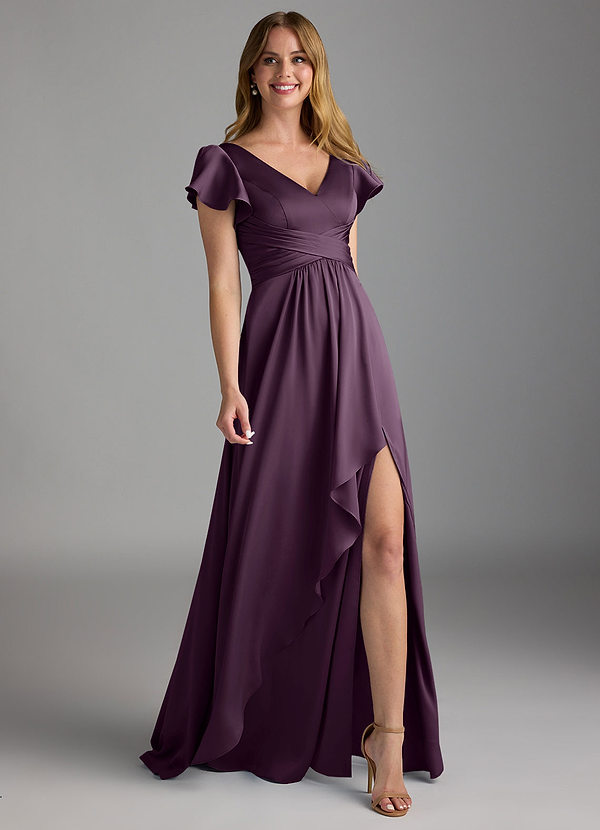 Azazie Omari Bruidsmeisjes Jurken Jurk van Stretch Satijn met A-Lijn Pruim image1