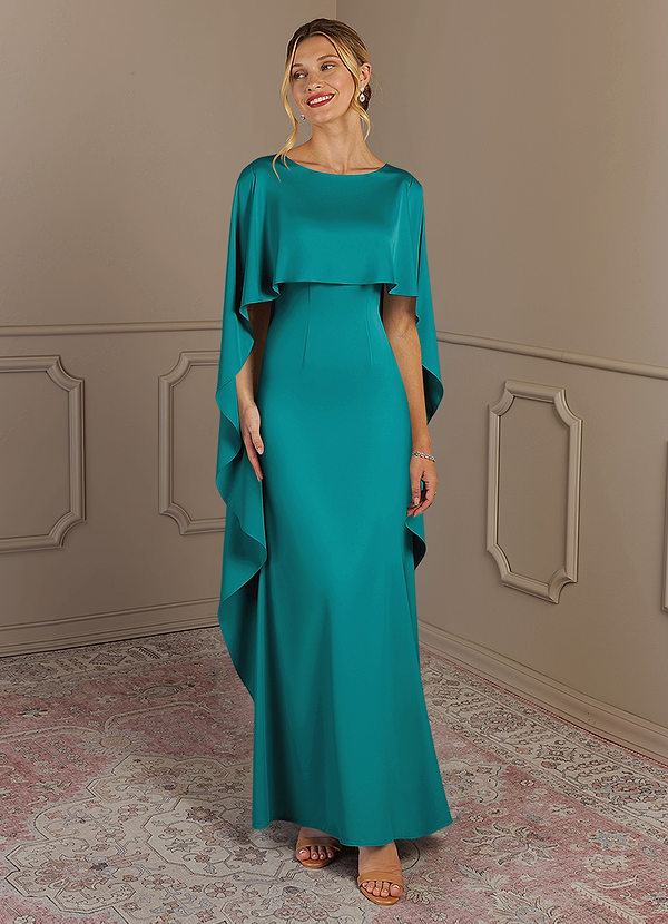 Azazie Eli Mother of the Brides Dresses Teal Sheath Boatneck Stretch Satin Dress image1