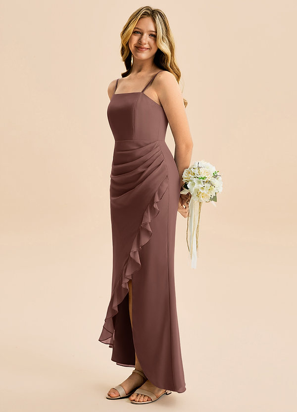 Azazie Buzzy Junior Espresso Sheath Pleated Chiffon Dress image1