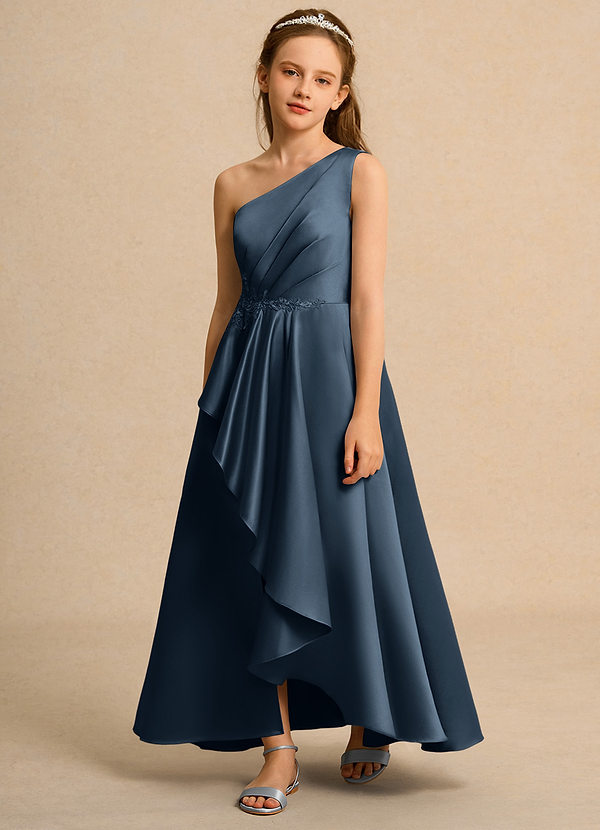 Azazie Taffy Girls Formal Robes de Fillette d'Honneur Robe Trapèze en Mat Satiné Dentelle Neptune image1