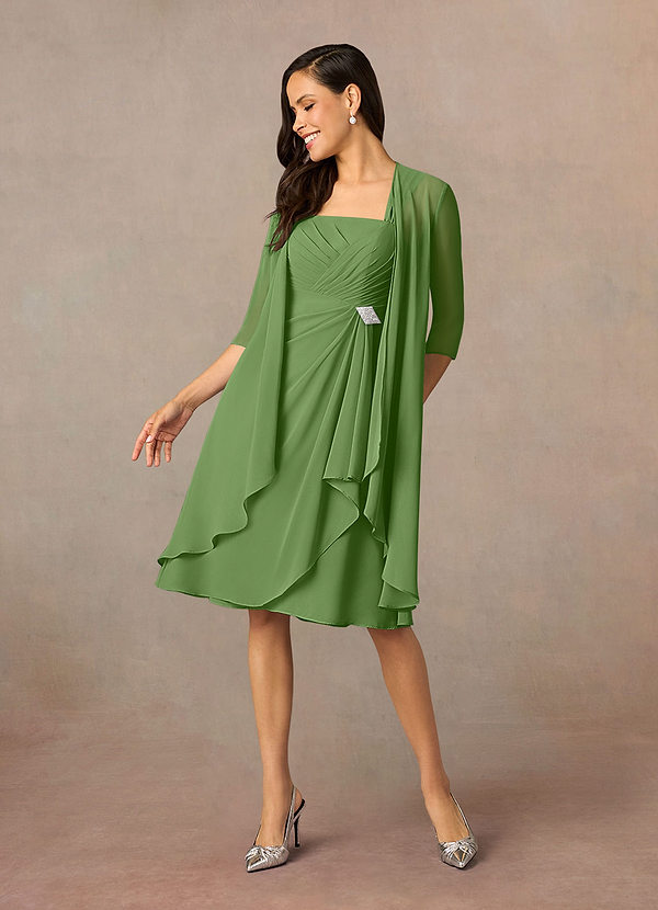 Azazie Olivia Robe Mère de la Mariée & du Marié Robe Trapèze en Mousseline de soie Encolure carrée plissée Basilic image1