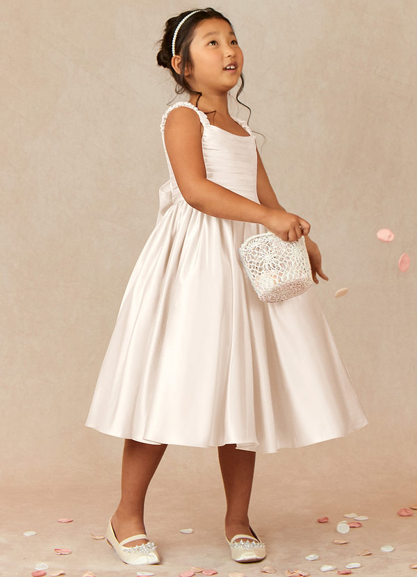 Azazie Cutie Pie Flower Girl Dresses White Alabaster A-Line Pleated Matte Satin Dress image1