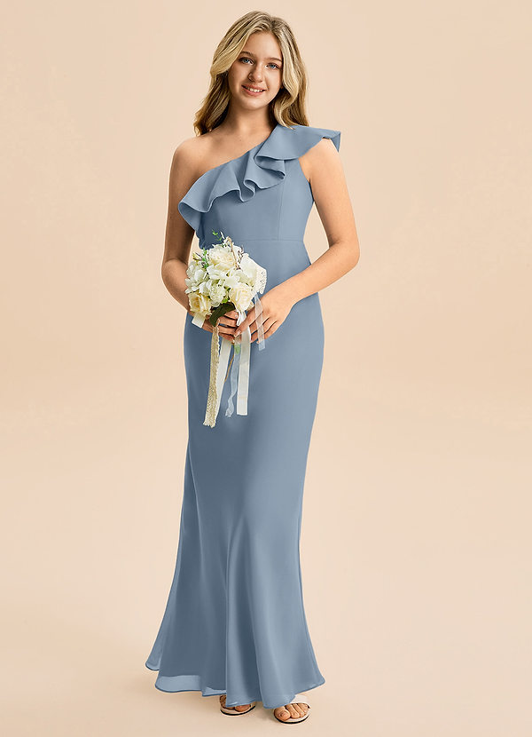 Azazie Alissa Junior A-Linie Gestreift Chiffon Kleid Staubblau image1