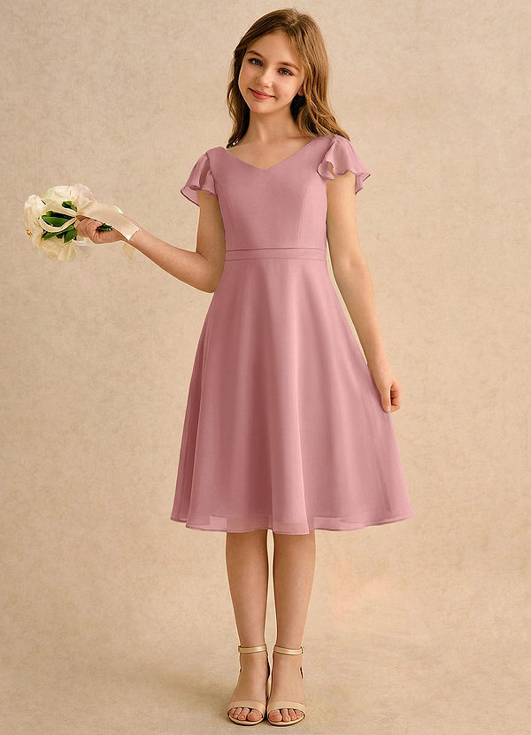 Azazie Narin Girls Formal Robes de cortège enfant Robe Trapèze en Mousseline de soie avec manches Rose Poussiéreuse image1