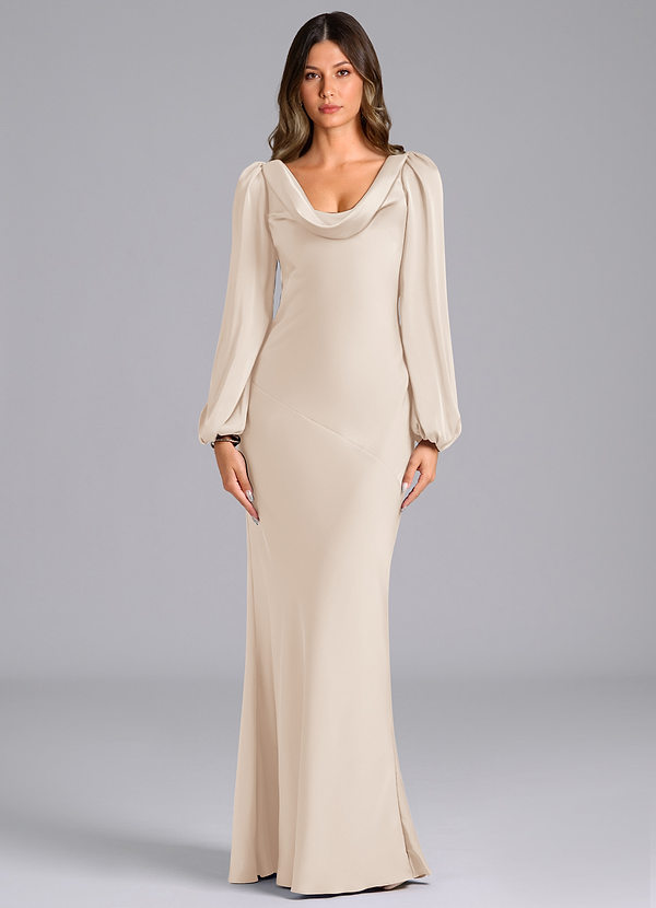 Azazie Rylina Bridesmaid Dresses White Alabaster Mermaid Long Sleeve Stretch Satin Dress image1