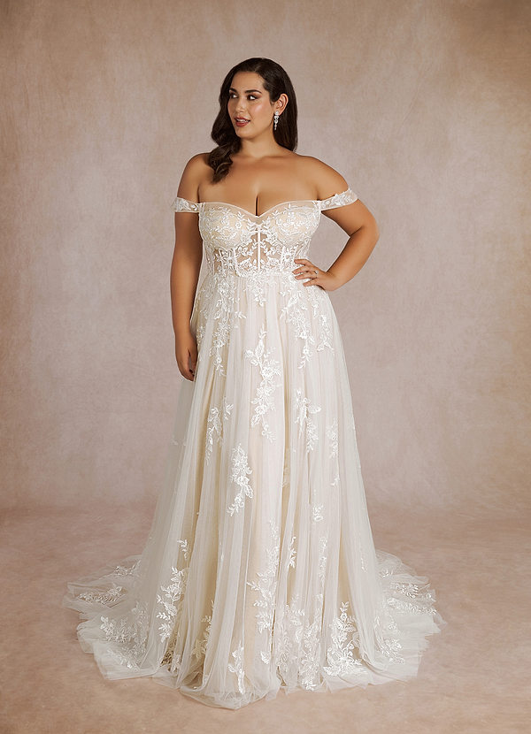 Azazie Wendie Robe de Mariée Robe Trapèze en Tulle Paillettes Diamant Blanc Champagne image1