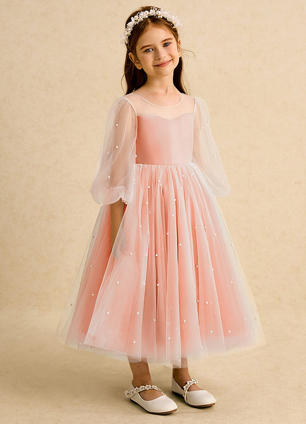 Azazie Trudy 플라워 걸 드레스 볼가운 스윗하트 네크라인 얇실버 명주 그물 티 길이 드레스 image1