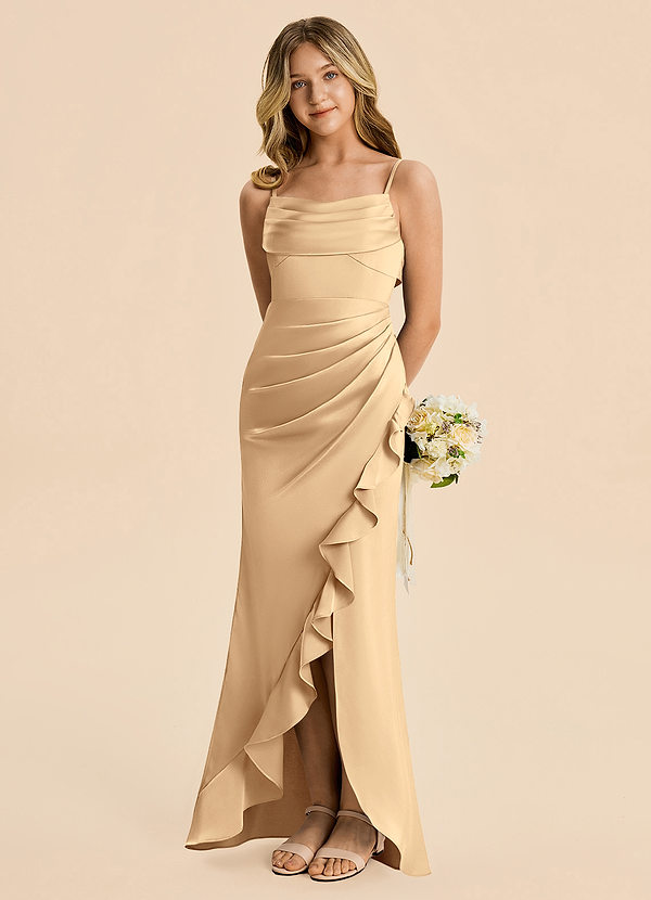 Azazie Mia Junior Robe Sirène en Satin extensible Plissé Champagne image1