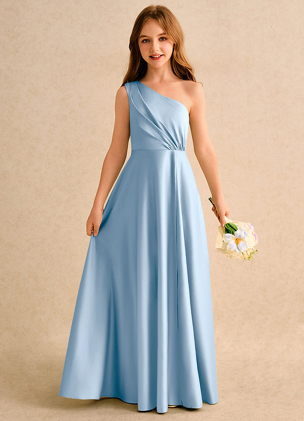 Azazie Puddles Girls Formal Abiti da Ragazza di Fiori Abito A-Line in Raso Opaco Monospalla Azzurro Polvere image1