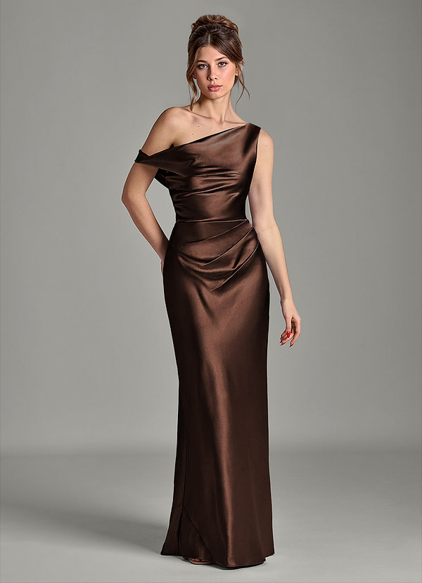 Azazie Emerson Brautjungfernkleider Meerjungfrau-Linie Schulterfrei Metallischer Satin Kleid Ganache image1