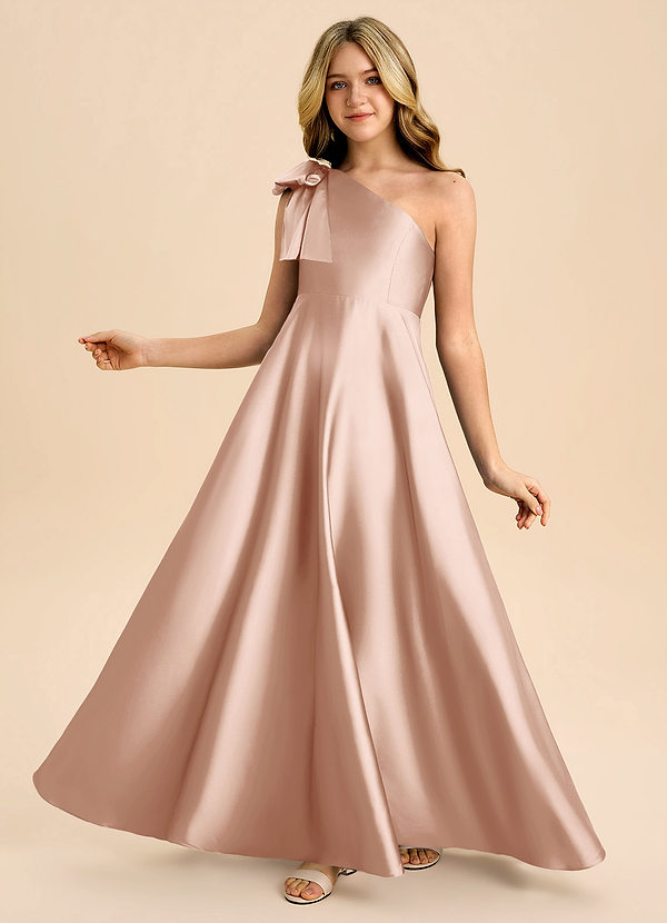 Azazie Penguin Junior Vestido de Oro Rosa de Satén Elástico de Corte en A con Lazo image1