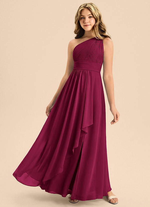 Azazie Skye Junior Abito A-Line in Chiffon Plissettato Borgogna image1