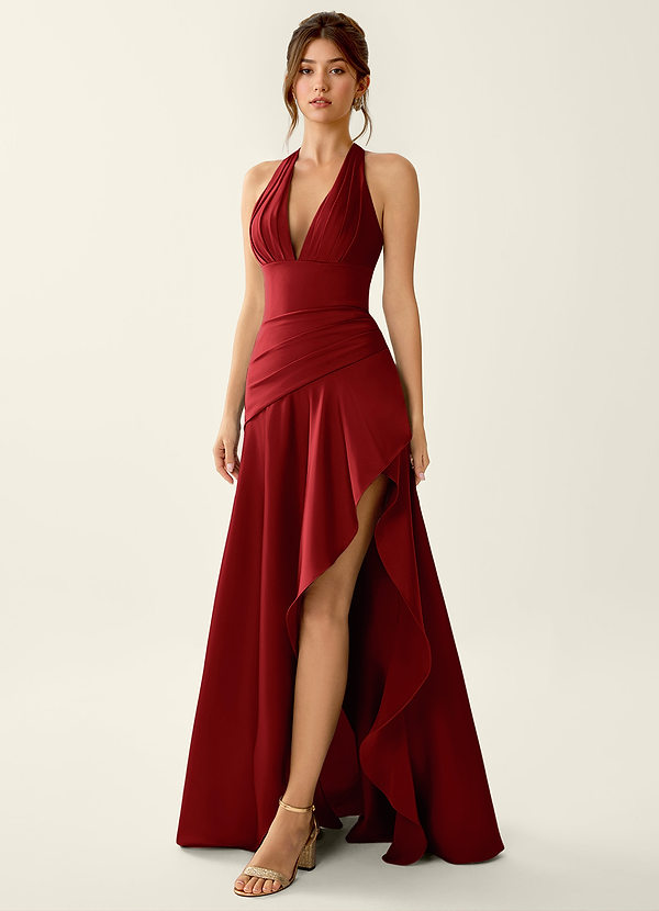 Titania Rubinowo Czerwony Satynowa sukienka na studniówkę z falbanką i dekoltem w serek image1