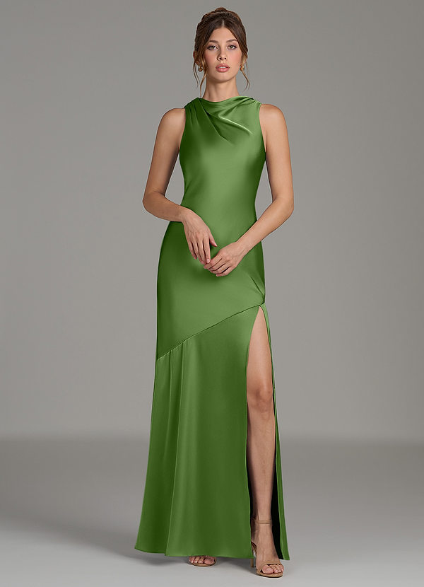 Azazie Kiara Bridesmaid Dresses Basil Mermaid Pleated Stretch Satin Dress image1