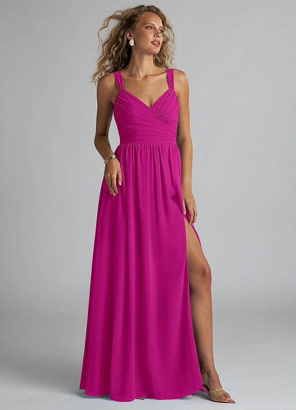 Azazie Aziza Bridesmaid Dresses Fuchsia A-Line V-Neck Pleated Chiffon Dress image1