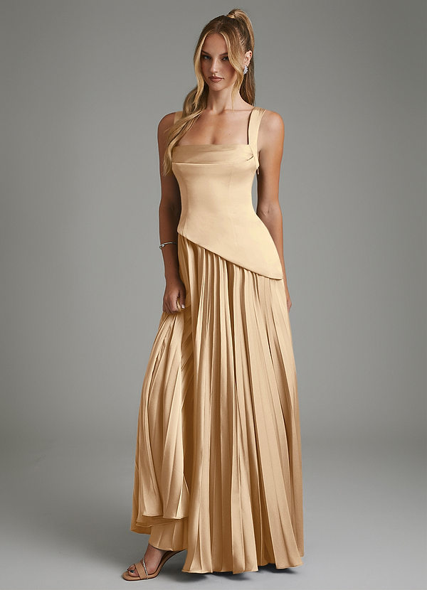 Azazie Stephanie Robes de demoiselle d'honneur Robe Trapèze en Satin extensible Corset Champagne image1